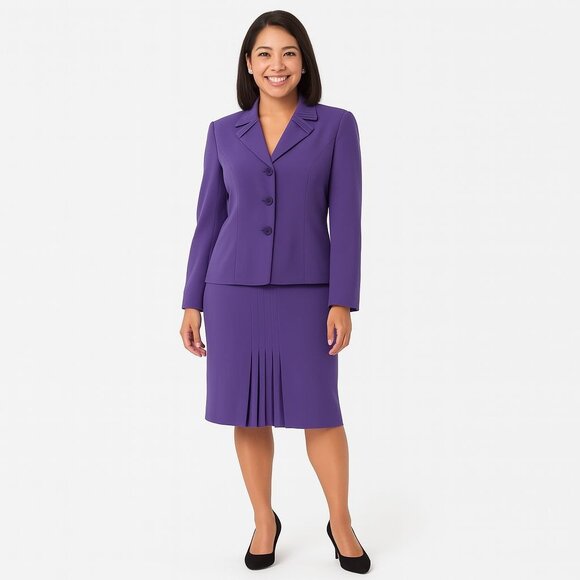 Purple NYP Skirt Suit Womens 8 Business Church Modest Pleated Blazer Lined Set - Picture 4 of 11
